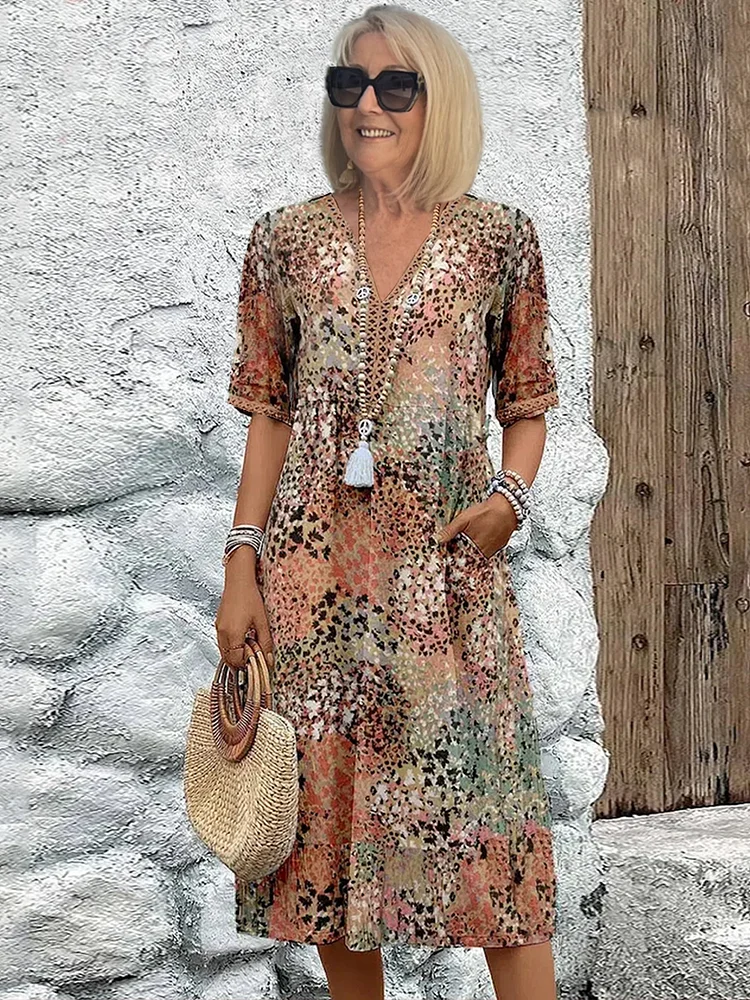 Celestine Wyndbourne | Colorful Floral Print Midi Dress with V-Neck