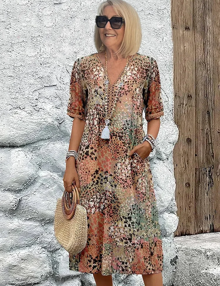 Celestine Wyndbourne | Colorful Floral Print Midi Dress with V-Neck