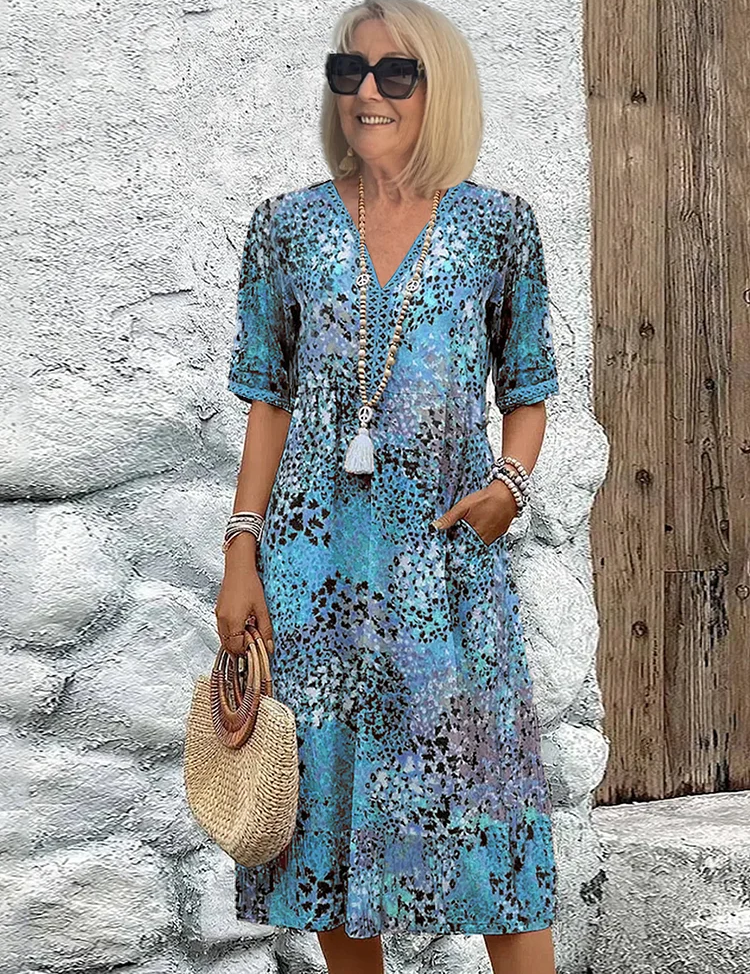 Celestine Wyndbourne | Colorful Floral Print Midi Dress with V-Neck