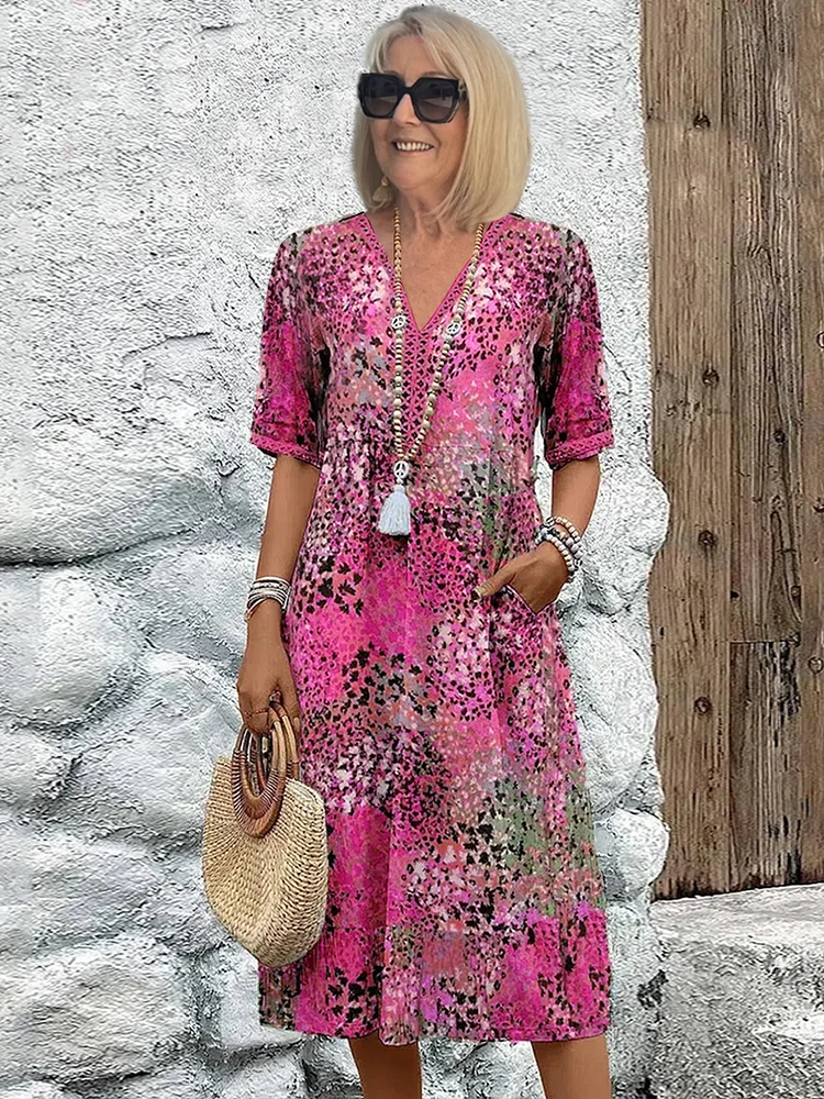 Celestine Wyndbourne | Colorful Floral Print Midi Dress with V-Neck