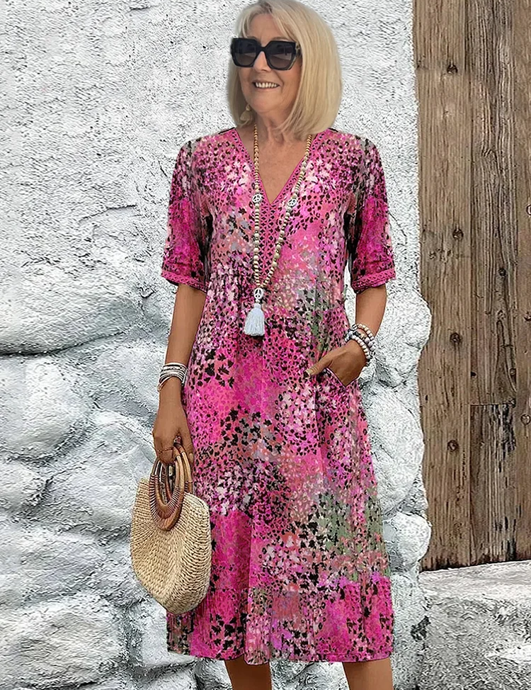 Celestine Wyndbourne | Colorful Floral Print Midi Dress with V-Neck