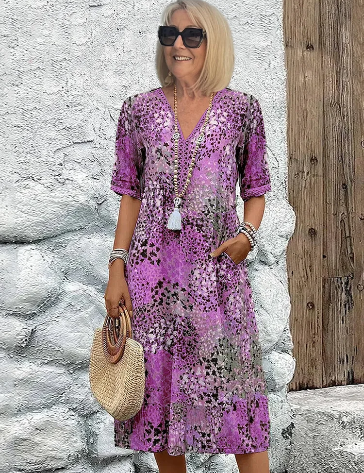 Celestine Wyndbourne | Colorful Floral Print Midi Dress with V-Neck