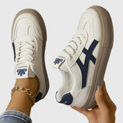 Lucette Vanbrough | White & Navy Lace-Up Platform Sneakers