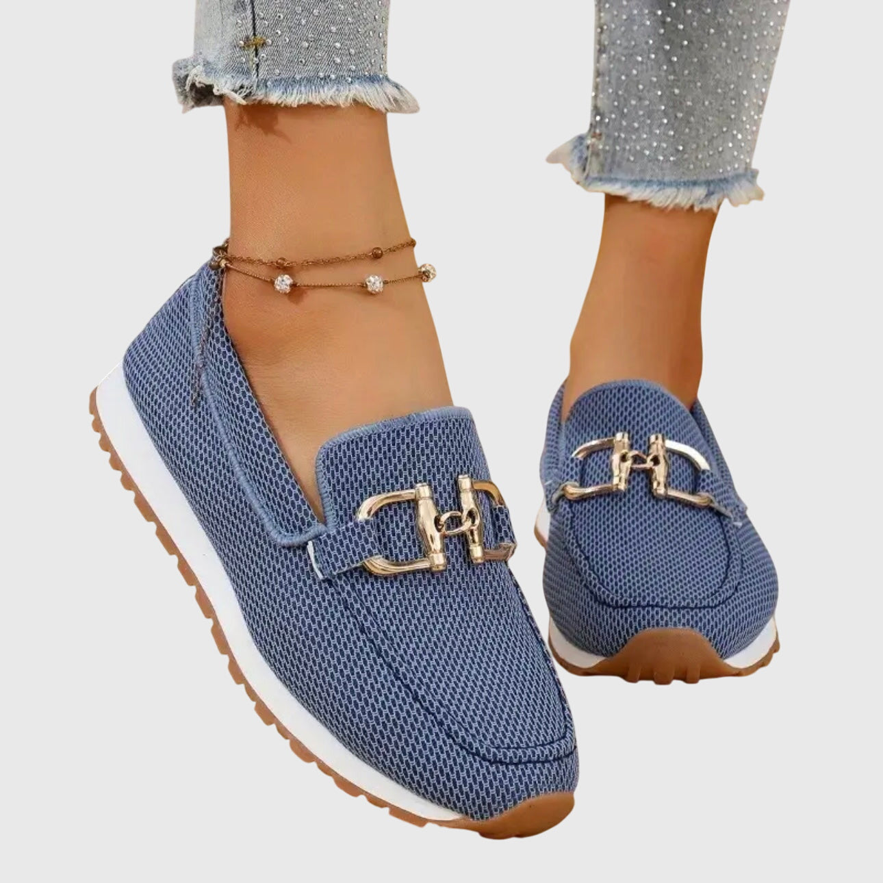 Clarinda Whitmore | Beige Mesh Slip-On Loafer Sneaker with Gold Horsebit