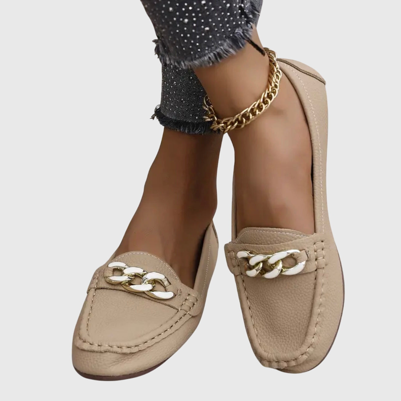 Elspeth Montrouge | White Flat Loafers with Gold Chain Detail