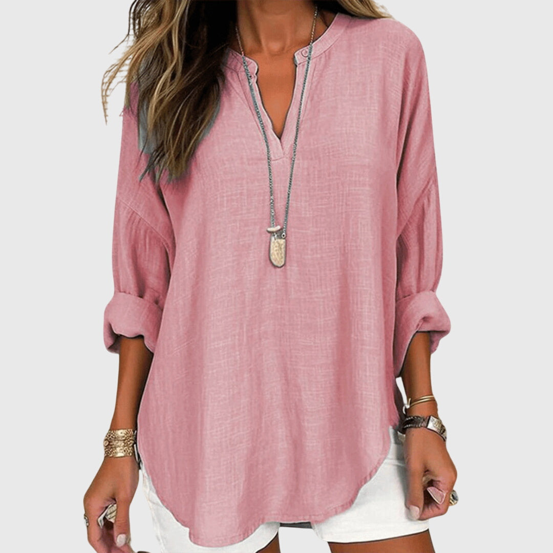 Celestine Waverly | Flowy Light Blue Linen V-Neck Blouse