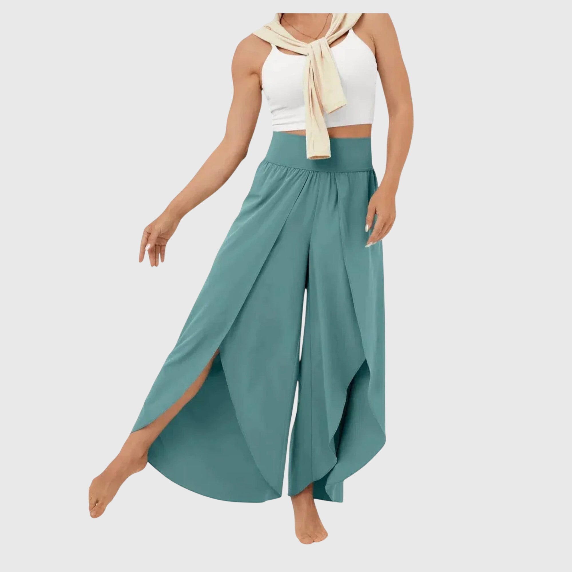 Antoinette Valmonde | Teal Wide-Leg Split Pants with High Waist