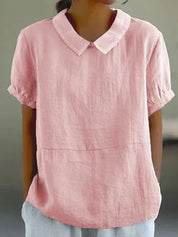 Evangeline Crestbourne | Sky Blue Peter Pan Collar Linen-Look Top