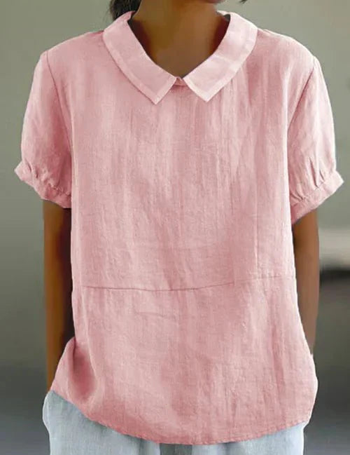 Evangeline Crestbourne | Sky Blue Peter Pan Collar Linen-Look Top