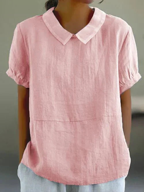 Evangeline Crestbourne | Sky Blue Peter Pan Collar Linen-Look Top