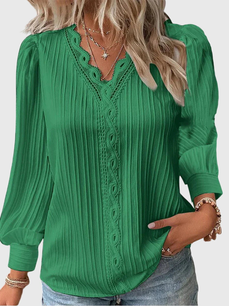 Amélie Chanteclair | Yellow Lace Trim V-Neck Long Sleeve Blouse