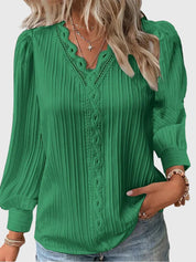 Amélie Chanteclair | Yellow Lace Trim V-Neck Long Sleeve Blouse