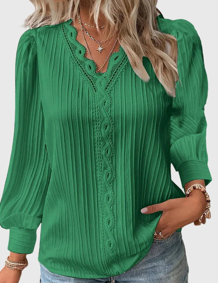 Amélie Chanteclair | Yellow Lace Trim V-Neck Long Sleeve Blouse