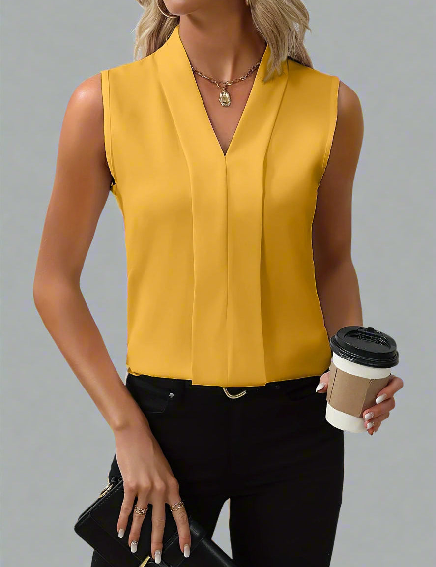 Vivienne Lacombe | White V-Neck Sleeveless Pleated Blouse