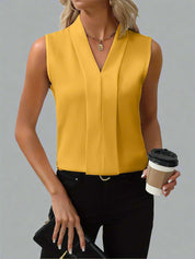 Vivienne Lacombe | White V-Neck Sleeveless Pleated Blouse