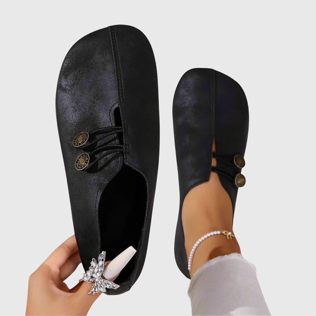 Eleonora Ravensfield | Vintage Brown Suede Slip-On Flats with Button Detail