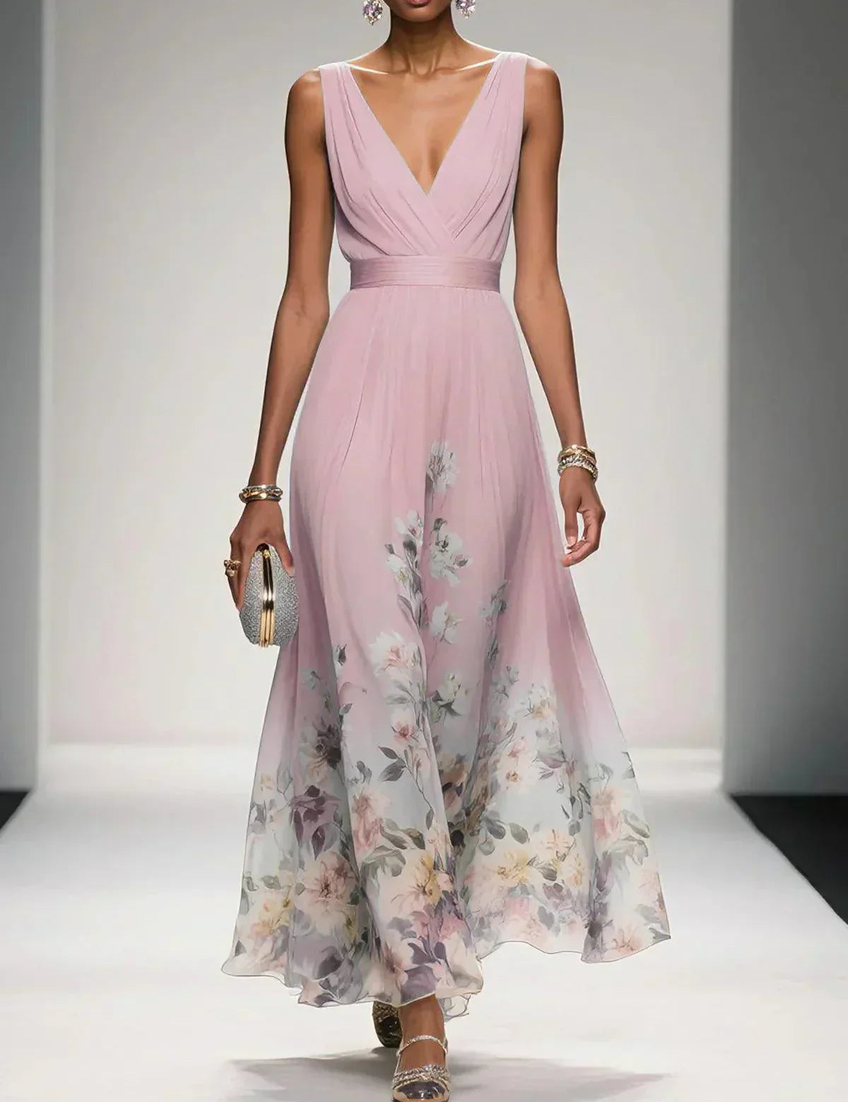 Venetia Somerleigh | Light Blue Floral Maxi V-Neck Dress
