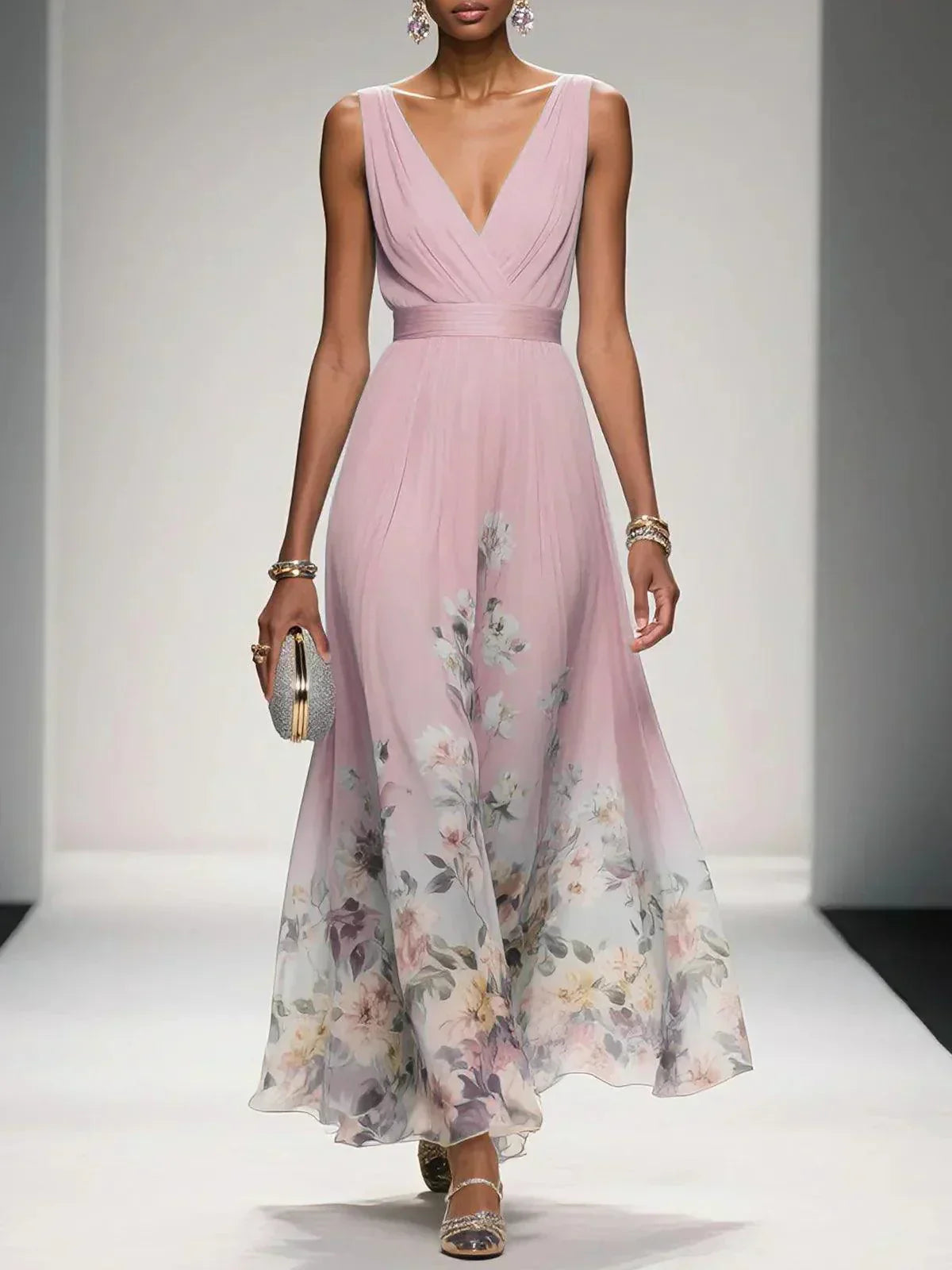 Venetia Somerleigh | Light Blue Floral Maxi V-Neck Dress