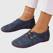 Eleonora Ravensfield | Vintage Brown Suede Slip-On Flats with Button Detail