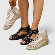 Henriette Beausoleil | Rhinestone Gladiator Wedge Sandals in Beige