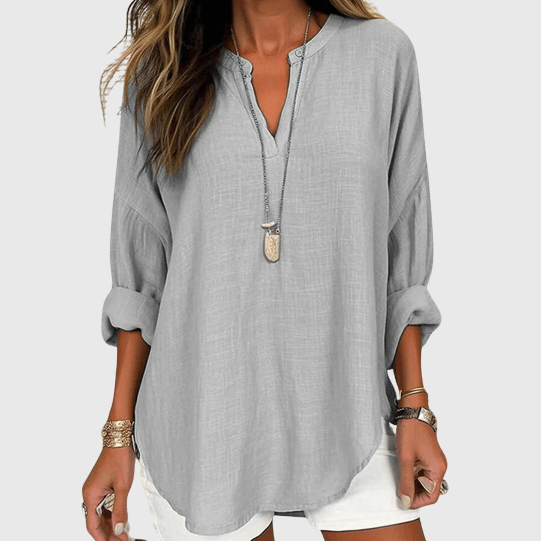 Celestine Waverly | Flowy Light Blue Linen V-Neck Blouse