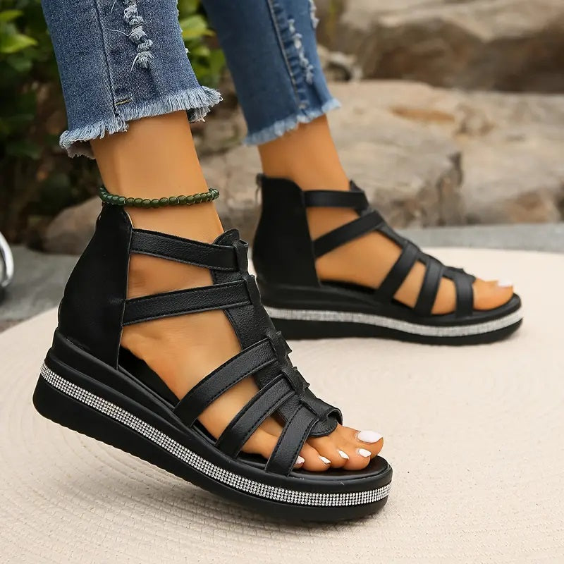Vittoria Carmonde | Black Gladiator Platform Sandals with Rhinestone Detail