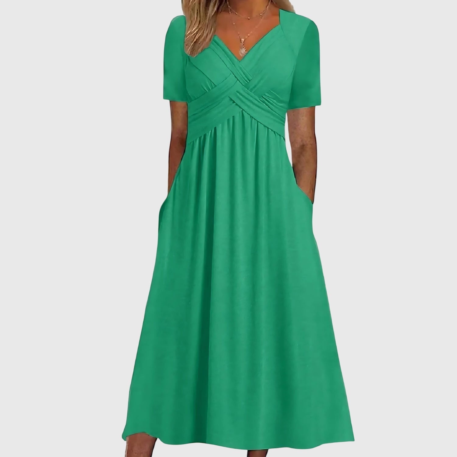 Cordelia Ashbourne | Blue V-Neck Midi Dress with Tummy Control
