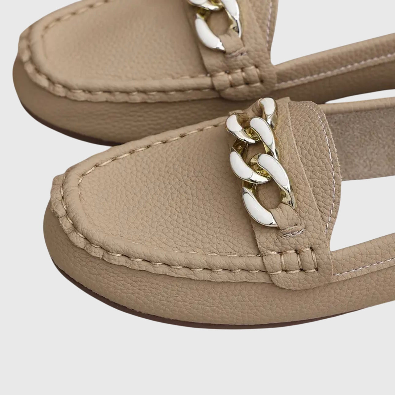 Elspeth Montrouge | White Flat Loafers with Gold Chain Detail