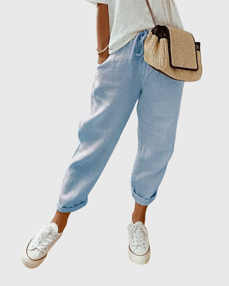 Céleste Duranville | High Waist Linen Drawstring Pants in Beige