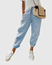 Céleste Duranville | High Waist Linen Drawstring Pants in Beige