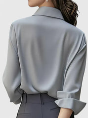 Sandrine Beauclaire | Navy Blue Satin Long-Sleeve Button-Down Shirt