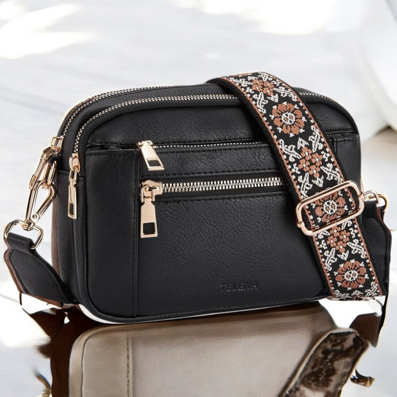 Elaine Beausoleil | White Faux Leather Crossbody Bag with Floral Strap