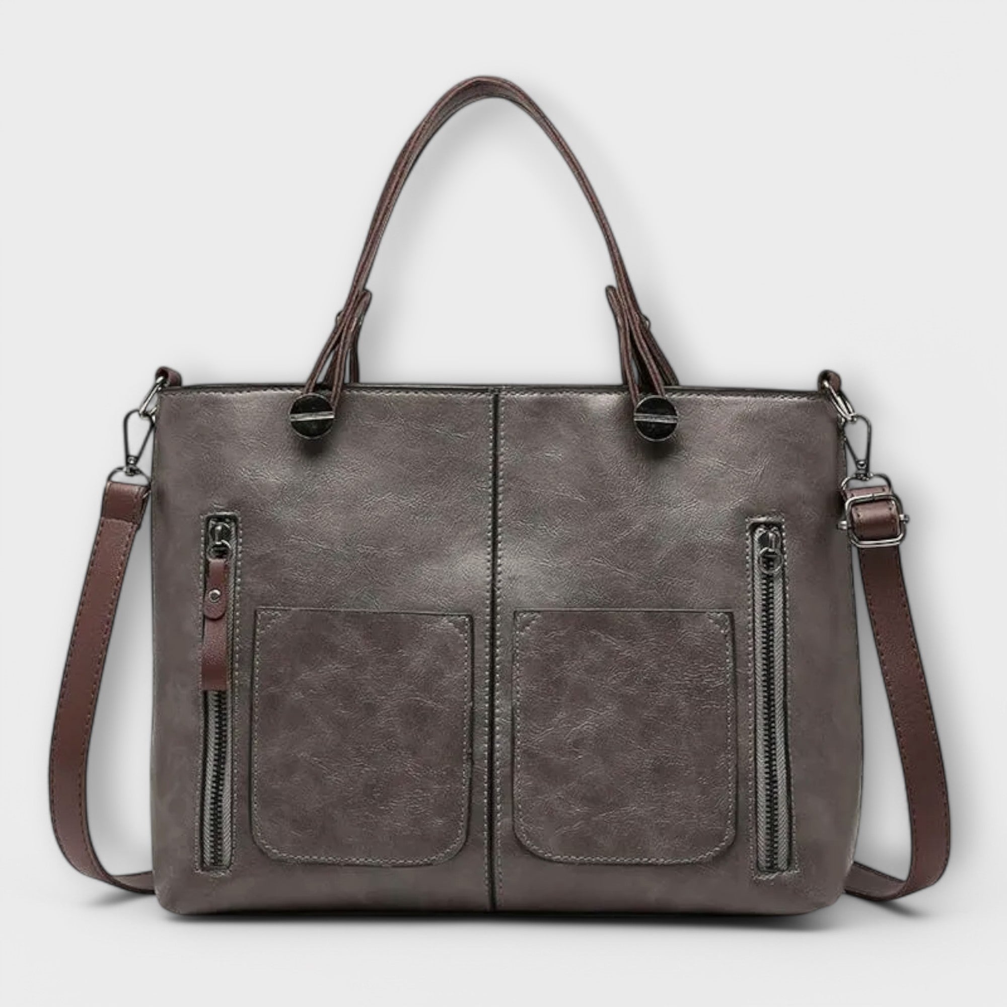 Beatrice Wyndmere | Brown Faux Leather Tote Bag with Front Pockets