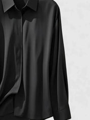 Sandrine Beauclaire | Navy Blue Satin Long-Sleeve Button-Down Shirt