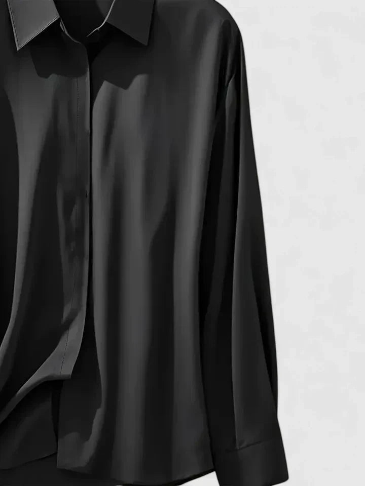 Sandrine Beauclaire | Navy Blue Satin Long-Sleeve Button-Down Shirt
