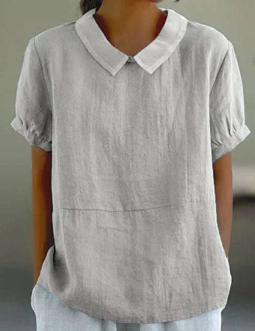 Evangeline Crestbourne | Sky Blue Peter Pan Collar Linen-Look Top