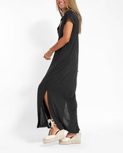 Seraphine Caldwell | Coral V-Neck Side Slit Maxi Dress