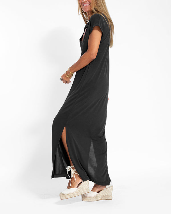 Seraphine Caldwell | Coral V-Neck Side Slit Maxi Dress