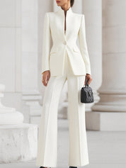 Celestine Vauvray | Navy Blue Stand Collar Blazer & Wide Leg Pants Two-Piece Set