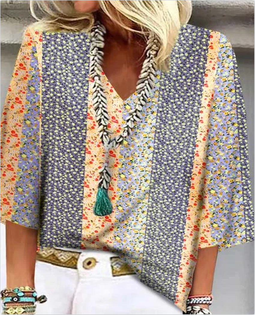 Colette Fairmantle | Ditsy Floral Patchwork V-Neck 3/4 Sleeve Top