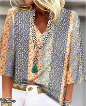 Colette Fairmantle | Ditsy Floral Patchwork V-Neck 3/4 Sleeve Top