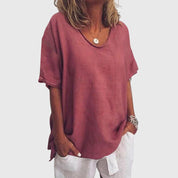 Constance Villaret | Loose V-Neck Top in Pink Cotton Linen
