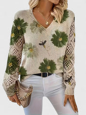 Rosalinde Fonteclair | Floral Knit V-Neck Sweater with Lace Sleeves