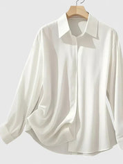Sandrine Beauclaire | Navy Blue Satin Long-Sleeve Button-Down Shirt
