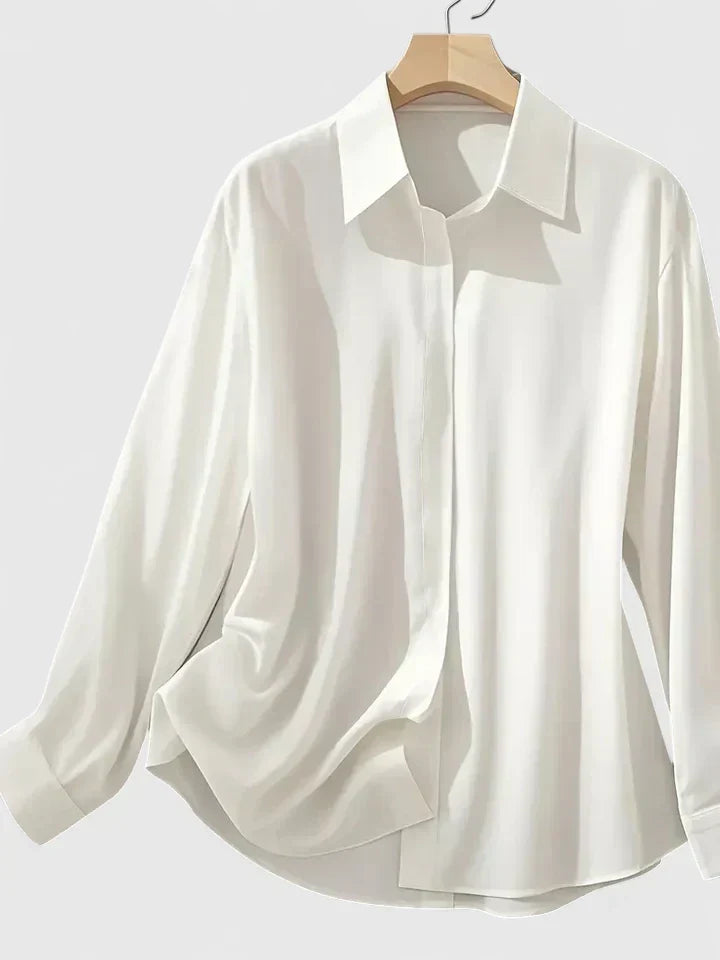 Sandrine Beauclaire | Navy Blue Satin Long-Sleeve Button-Down Shirt