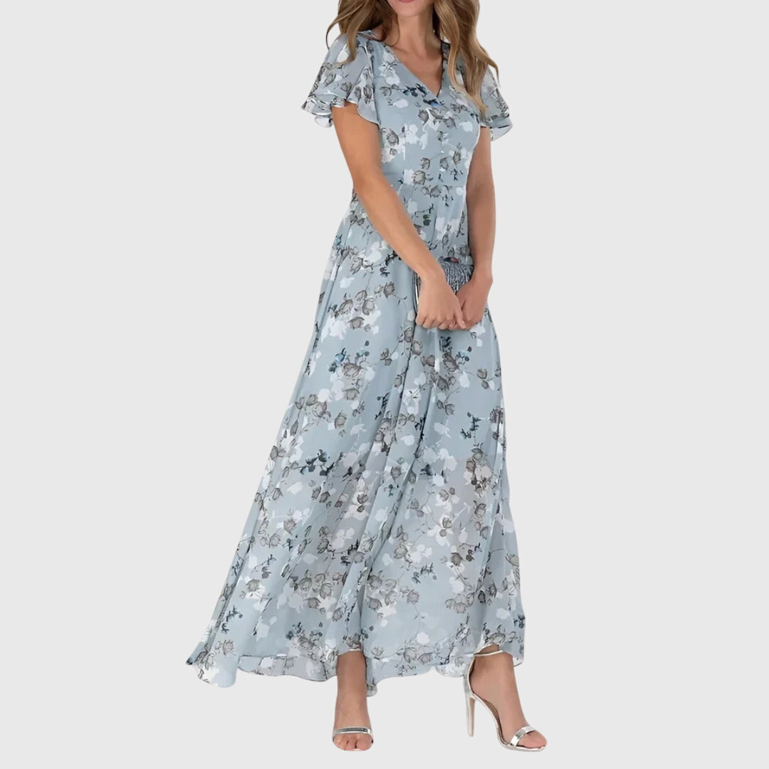 Aurienne Bellefort | Peach Floral Maxi Dress with Flutter Sleeves