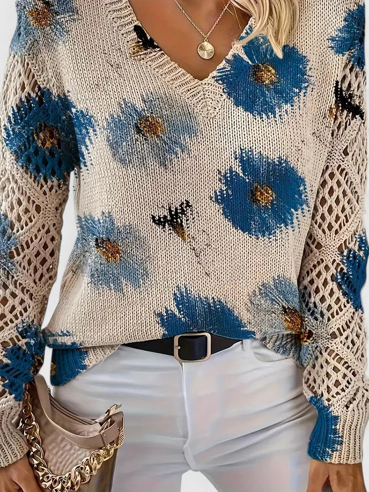 Rosalinde Fonteclair | Floral Knit V-Neck Sweater with Lace Sleeves