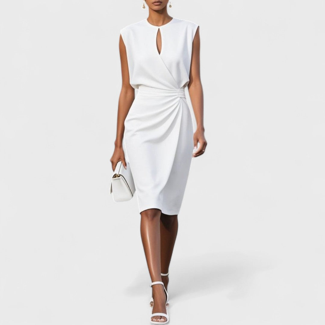 Claudine Beauverne | Light Blue Sleeveless Ruched Midi Dress