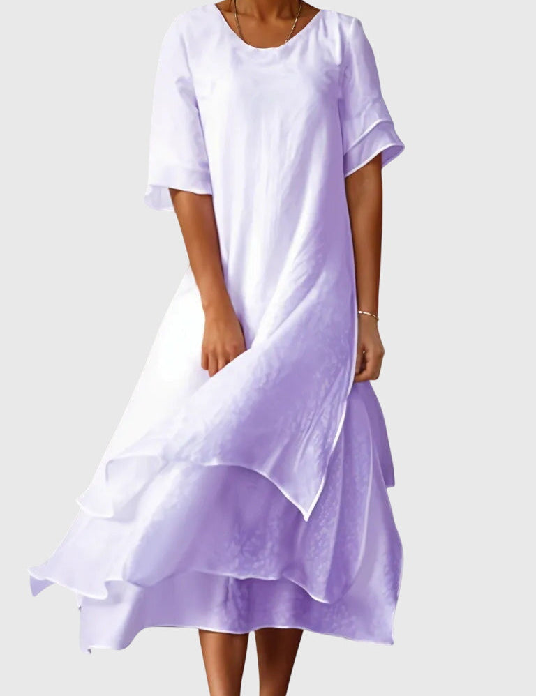 Céleste Rondeau | Pink Layered Midi Dress Short Sleeve