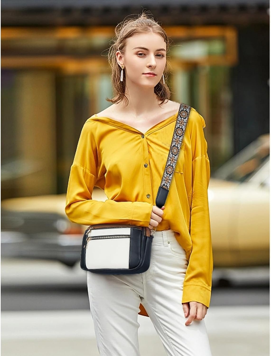 Elaine Beausoleil | White Faux Leather Crossbody Bag with Floral Strap